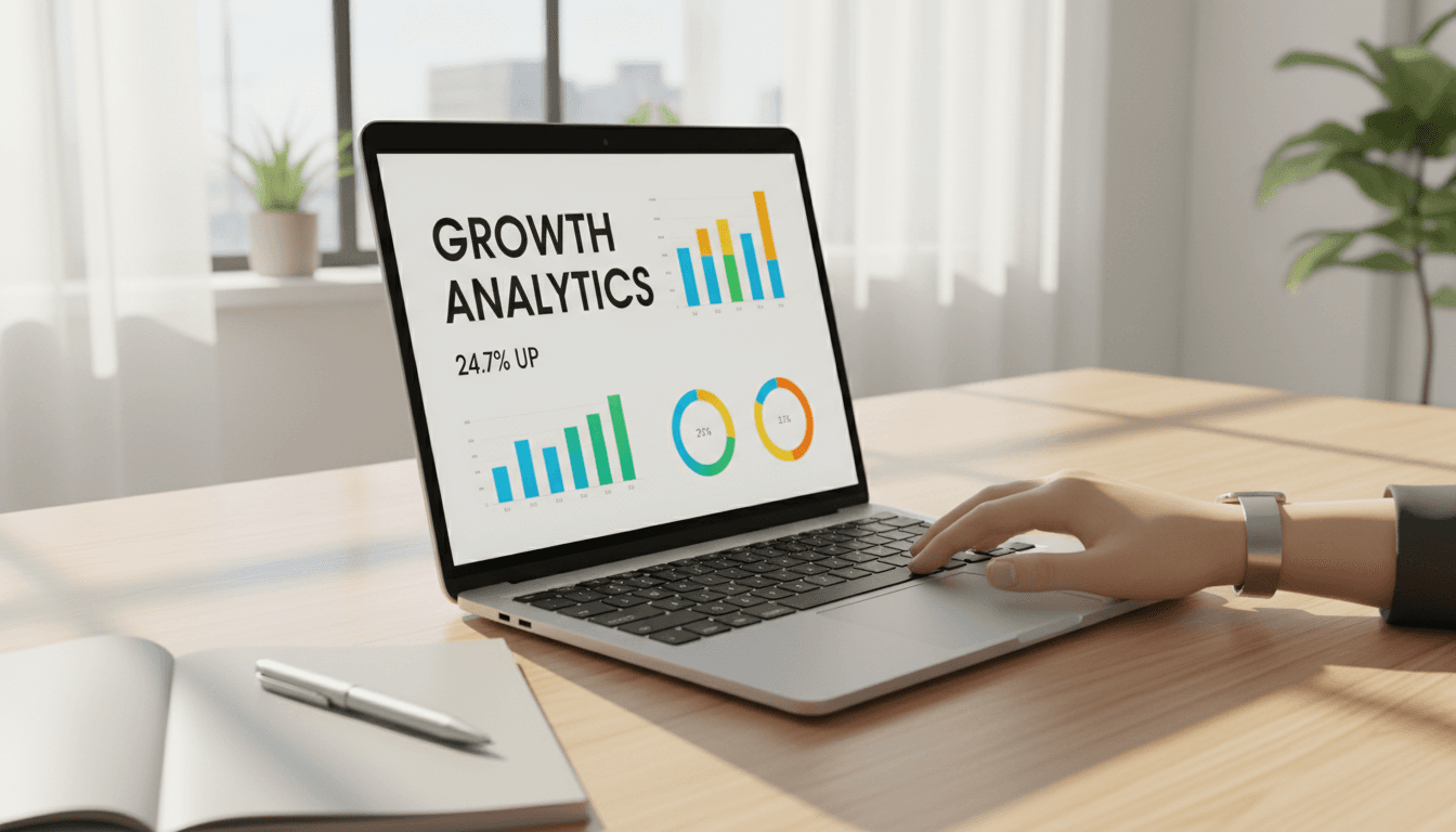 Modern workspace showing digital analytics dashboard on laptop screen with warm natural lighting