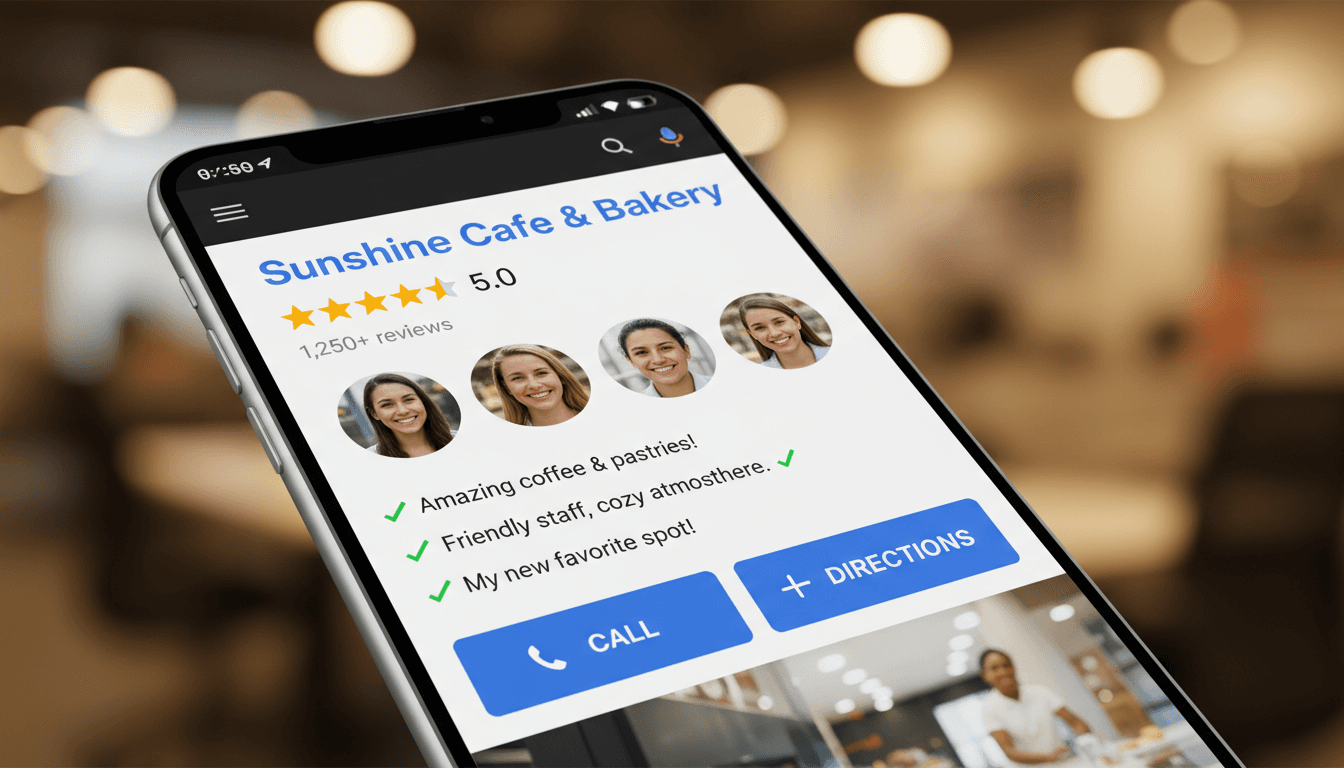 Mobile phone showing optimized Google Business Profile with five-star reviews