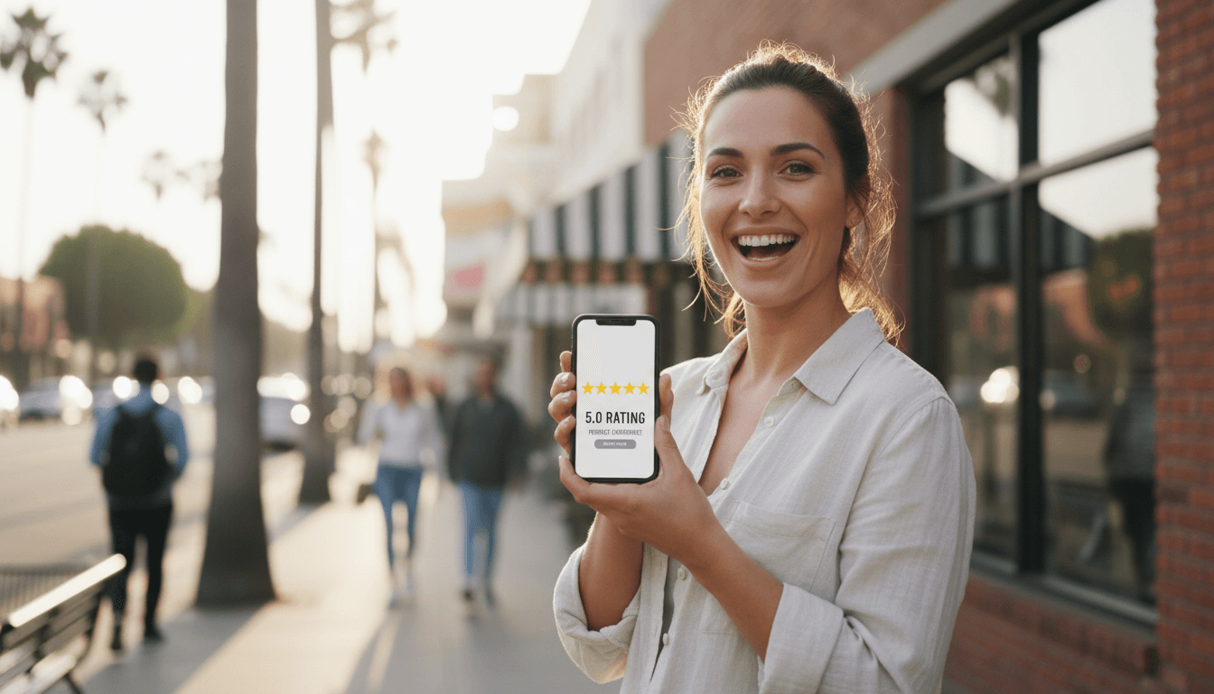 Customer leaving a positive review on mobile device