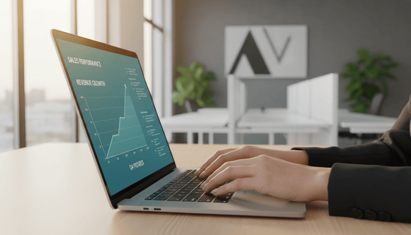 Professional consultant reviewing business analytics and growth strategy on a laptop