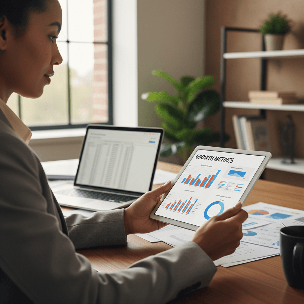 Business owner reviewing growth metrics on tablet