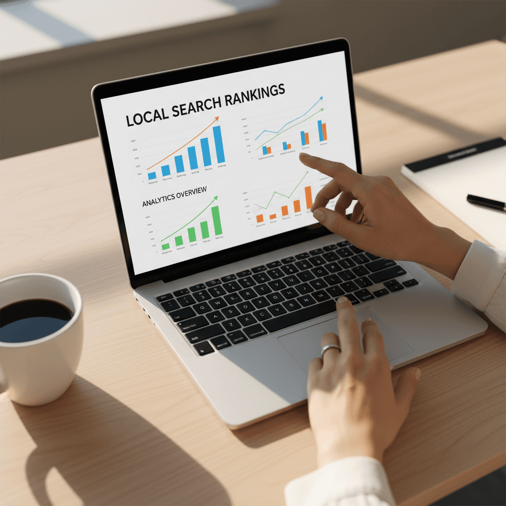 Business owner reviewing digital analytics and growth metrics during a consultation