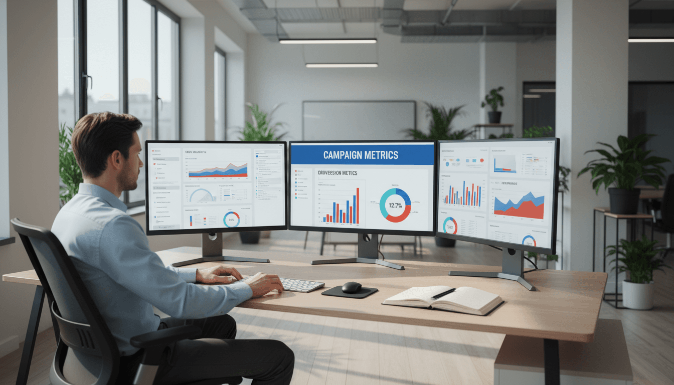 Google Ads performance analytics on dual computer monitors